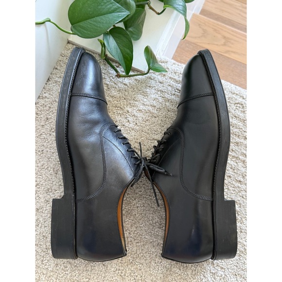 Santoni Cap Toe Oxford Men 9.5 Black Leather Dress Shoes Made in Italy LUXURY